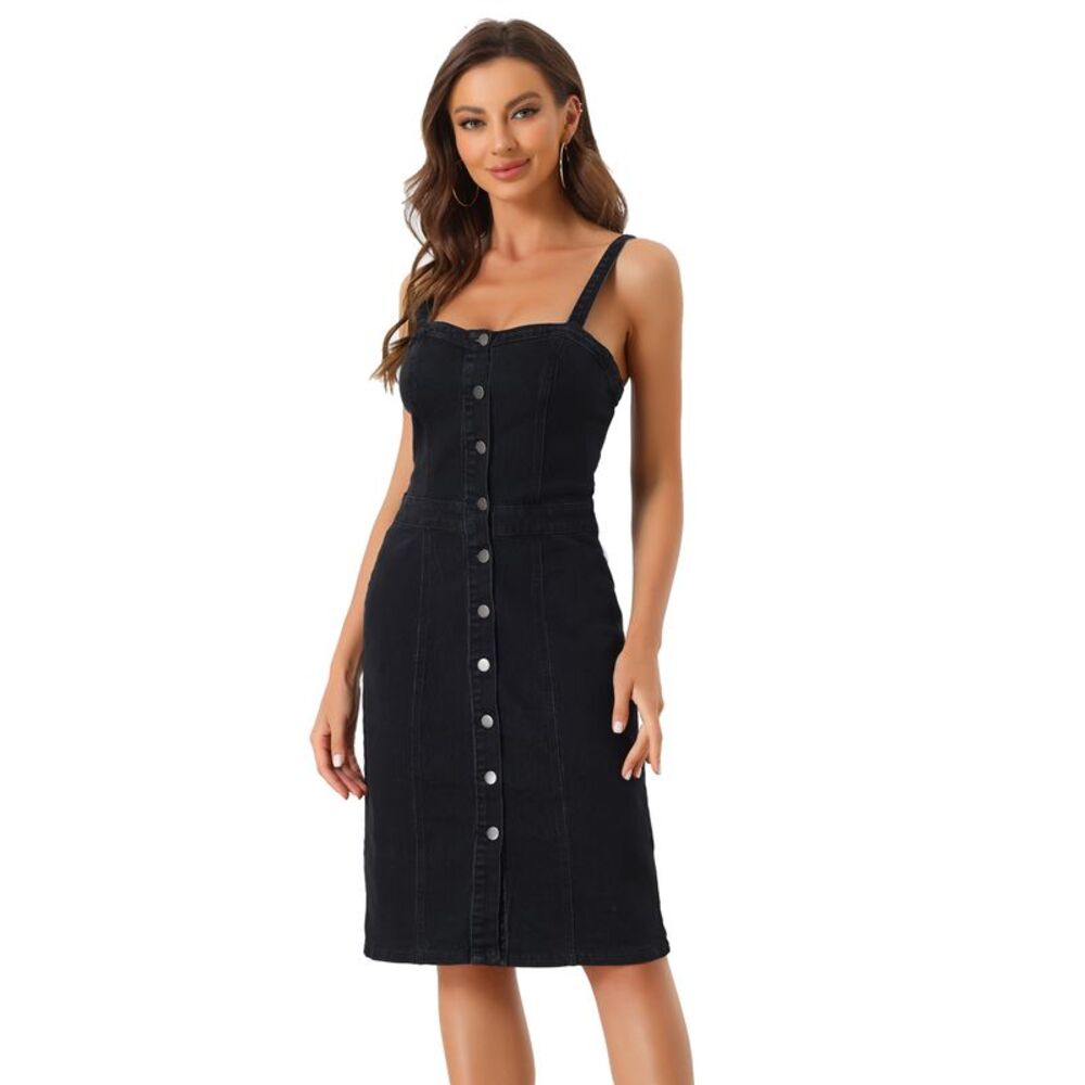 Allegra K Black Button-Front Midi Dress with Wide Straps